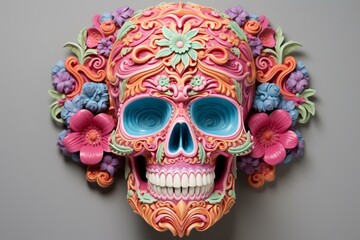 Colorful skull ornament embellished with carved flowers and surrounded by a floral frame. Generative AI
