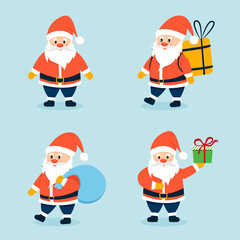 Fototapeta na wymiar Santa Claus set. Cartoon holiday moving characters. Cute Santa character collection in flat style isolated on a blue background. Create your own character and greeting card. Santa with bag and box of 