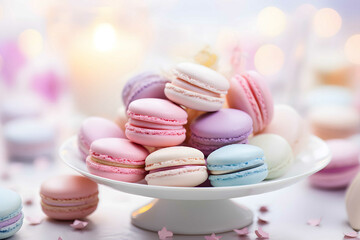 a lot of macaron on the plate with pastel color