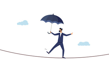 Confident businessman, balance, walking on a high tight rope. Protection against business or investment risks, challenge, danger and difficulties to be overcome.