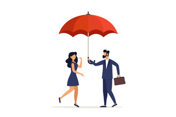 A kind businessman protects his colleague with an umbrella from the weather. Protection against business risks. Career growth support. Vector illustration.