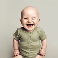 Smiling Newborn Wearing Green Short-Sleeve Bodysuit, Happy Baby, generative AI