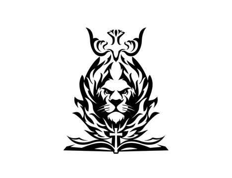 burning bush, lion, cross, bible and dove logo tatoo