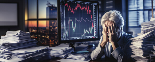 stressed man surrounded by piles of documents in front of computer screen showing crashing red stock market graph