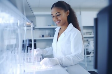 woman scientists performing research such as gene sequencing - obrazy, fototapety, plakaty