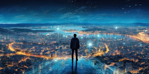 Business visionary. Futuristic look at success. Night skyline of success. Businessman perspective. Innovative ideas. Navigating urban landscape