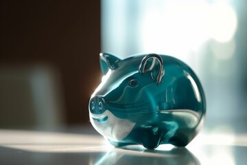 Shiny piggy bank on table with blurred background. Generative AI