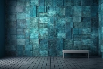 Blue patina wall with textured tile wallpaper featuring rectangular blocks. 3D render. Generative AI