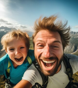 Father and son are travelers, active recreation in the mountains.