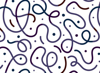 Naive Doodle pattern of colorful abstract squiggles print, continuous line, scribble spiral and wavy lines. retro 80s memphis style. Chaotic ink brush scribbles.