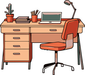 Comic-style vector illustration of a simple and minimalistic writing desk, featuring flat colors.