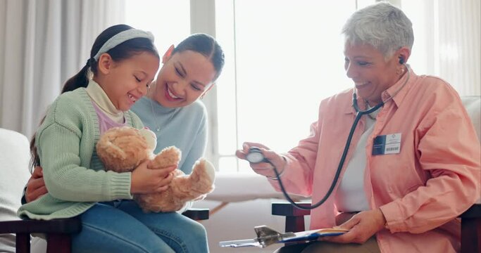 Mature doctor, child and stethoscope for teddy bear with consultation of sick girl at hospital for healthcare. Patient exam, wellness and pediatrician with kid and mom with consulting at family GP
