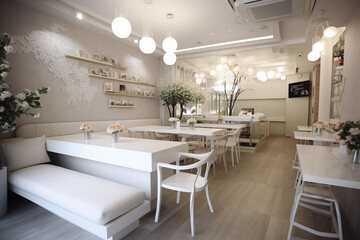 Modern white café with flowers