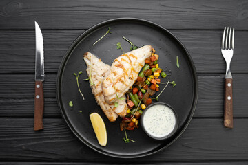 Grilled perch fillet served with vegetables on a black plate in a restaurant, top view