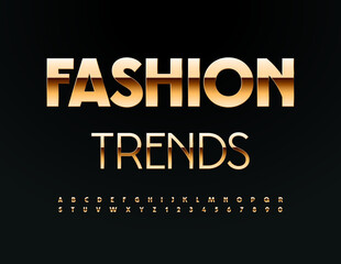 Vector golden logo Fashion Trends. Luxury Font. Chic Alphabet Letters and Numbers set. 