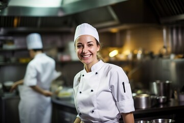 Attractive female chef in uniform, standing in a bright white commercial kitchen