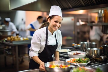 Attractive female chef in uniform, standing in a bright white commercial kitchen