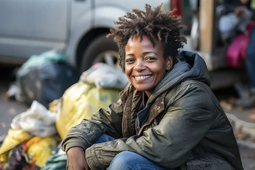Foto op Canvas homeless woman sitting on the street and smiles © Irina