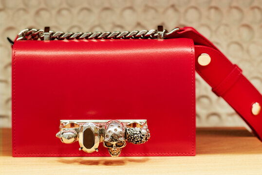 Red leather shoulder bag by Alexander McQueen. Milan - Italy,.Milan - Italy,07 october 2023