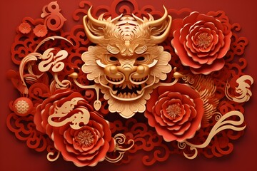 Happy Chinese new year 2024. Dragon gold zodiac paper cut style background.