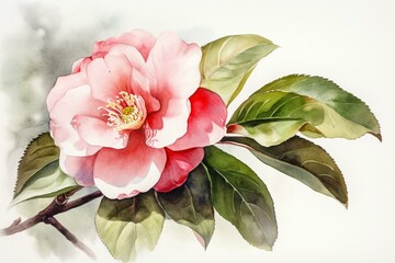Watercolor painting of camellia blossom on a clear background. Generative AI - obrazy, fototapety, plakaty