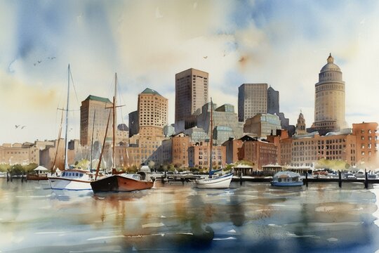 watercolor painting of Boston skyline. Generative AI
