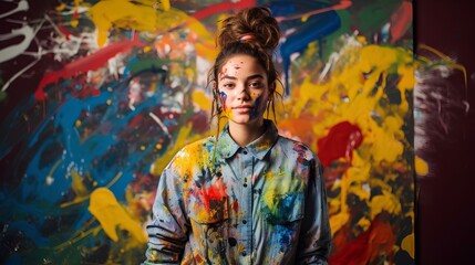 Obraz premium A portrait of a young student artist, splatters of paint on the face, set against a playful multicolor backdrop. copy space. candid passion of youth. generative AI