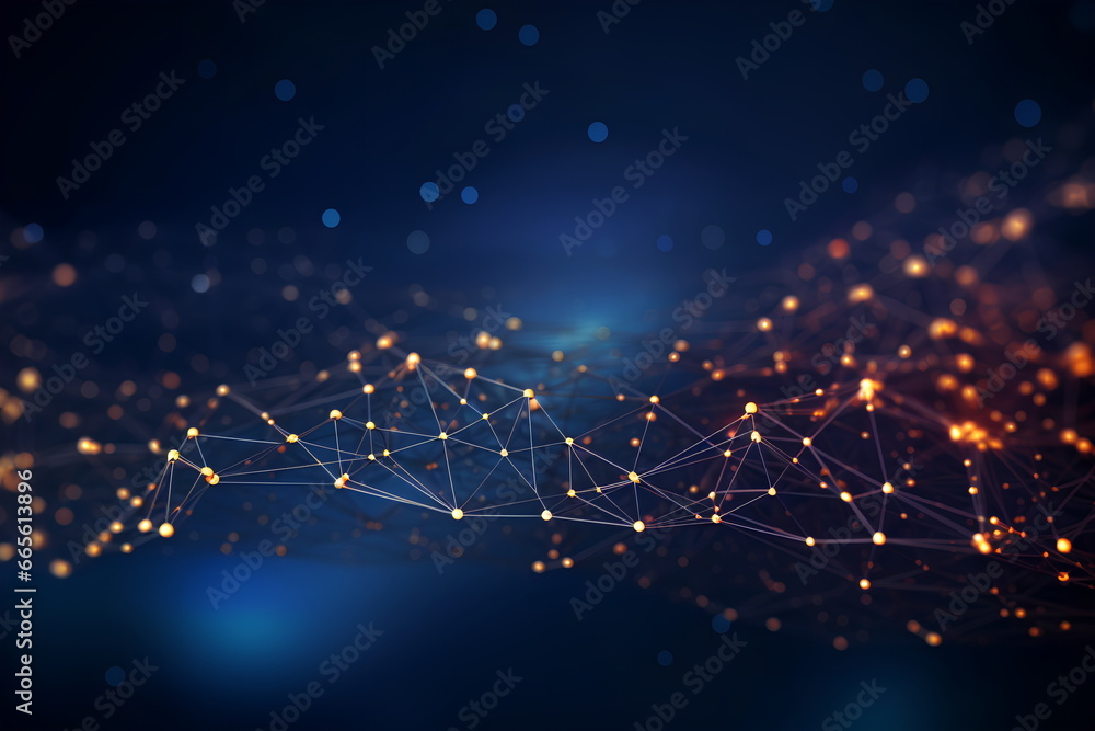 Poster Technology abstract network with a cyber network grid and connected particles. Big data visualization. Digital dots and lines