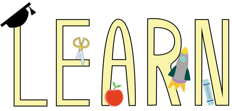 The word 'Learn' with the tools of education scattered around