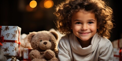 A joyful girl smiles with her favorite stuffed toy. Generated AI