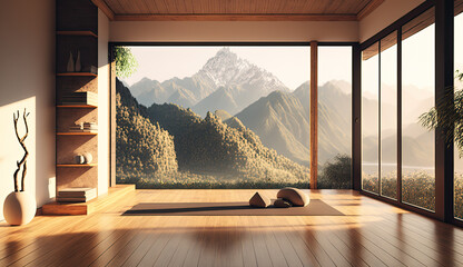 yoga retreat studio interior with with beautiful nature mountains landscape view in background
