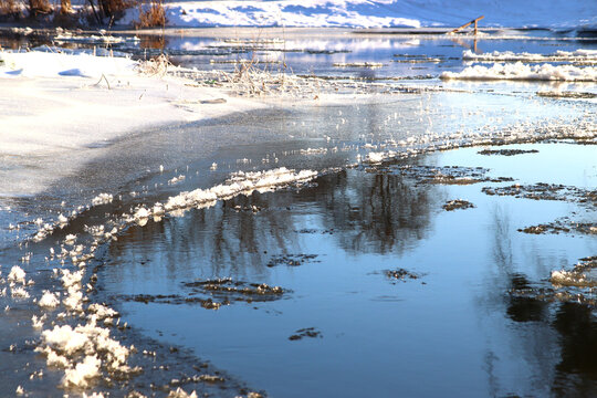 Winter landscape. Snow-covered shoreline with reflection of trees in the river.