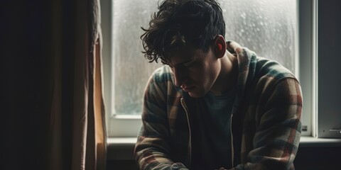 Depressed sad looking young man near a window. Dramatic concept for mental illness, depression,...