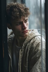 Depressed sad looking young man near a window. Dramatic concept for mental illness, depression, grief.