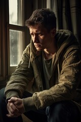 Obraz premium Depressed sad looking young man near a window. Dramatic concept for mental illness, depression, grief.