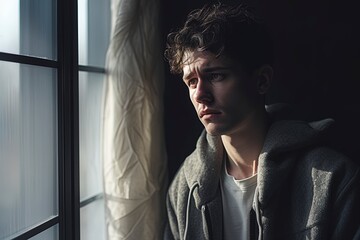 Depressed sad looking young man near a window. Dramatic concept for mental illness, depression, grief.