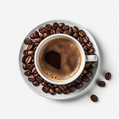Cup of coffee on a saucer, coffee beans and cookies. AI Generation
