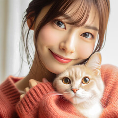 愛猫と共に：赤いセーターの女性が抱きしめる仔猫の瞬間