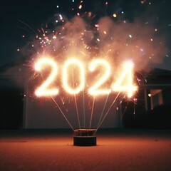 happy 2024 text written on a fogged window. fireworks in the background