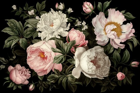 Vintage floral design featuring pink peonies and white roses on a black background. Generative AI
