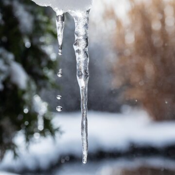 icicles on a roof and water drips from icicles