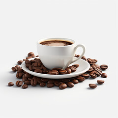 Cup of coffee on a saucer, coffee beans and cookies. AI Generation