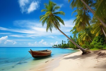 A tropical island's sandy beach with coconut palms and small sailboats by the shore. Generative AI