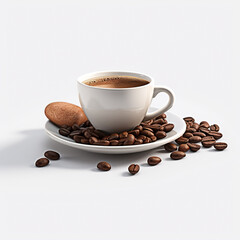 Cup of coffee on a saucer, coffee beans and cookies. AI Generation