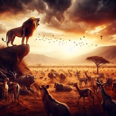 Fondo de pantalla y imagen de león rugiendo en la sabana africana con animales alrededor encima de una montaña - obrazy, fototapety, plakaty