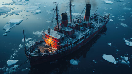 Aerial view of an icebreaker ship navigating the frigid Arctic waters, a powerful symbol of polar exploration and resilience - obrazy, fototapety, plakaty