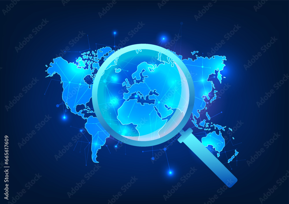 Poster information search technology a magnifying glass that looks at the world map along with connecting l