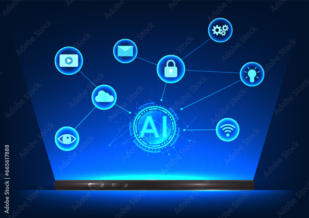Poster smartphone technology mobile phone above is artificial intelligence connected technology icon. refer