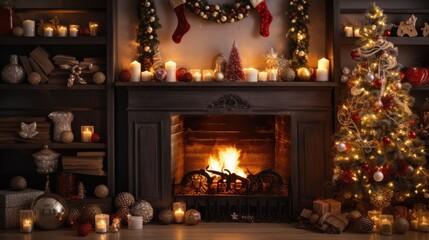 Christmas decorated fireplace. Interior living room with Christmas tree and gifts, armchair with...