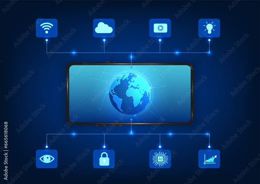 Poster smartphone technology, mobile phone screen with globe with connected technology icons. refers to tel